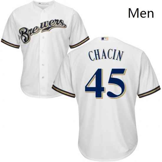 Mens Majestic Milwaukee Brewers 45 Jhoulys Chacin Replica White Home Cool Base MLB Jersey